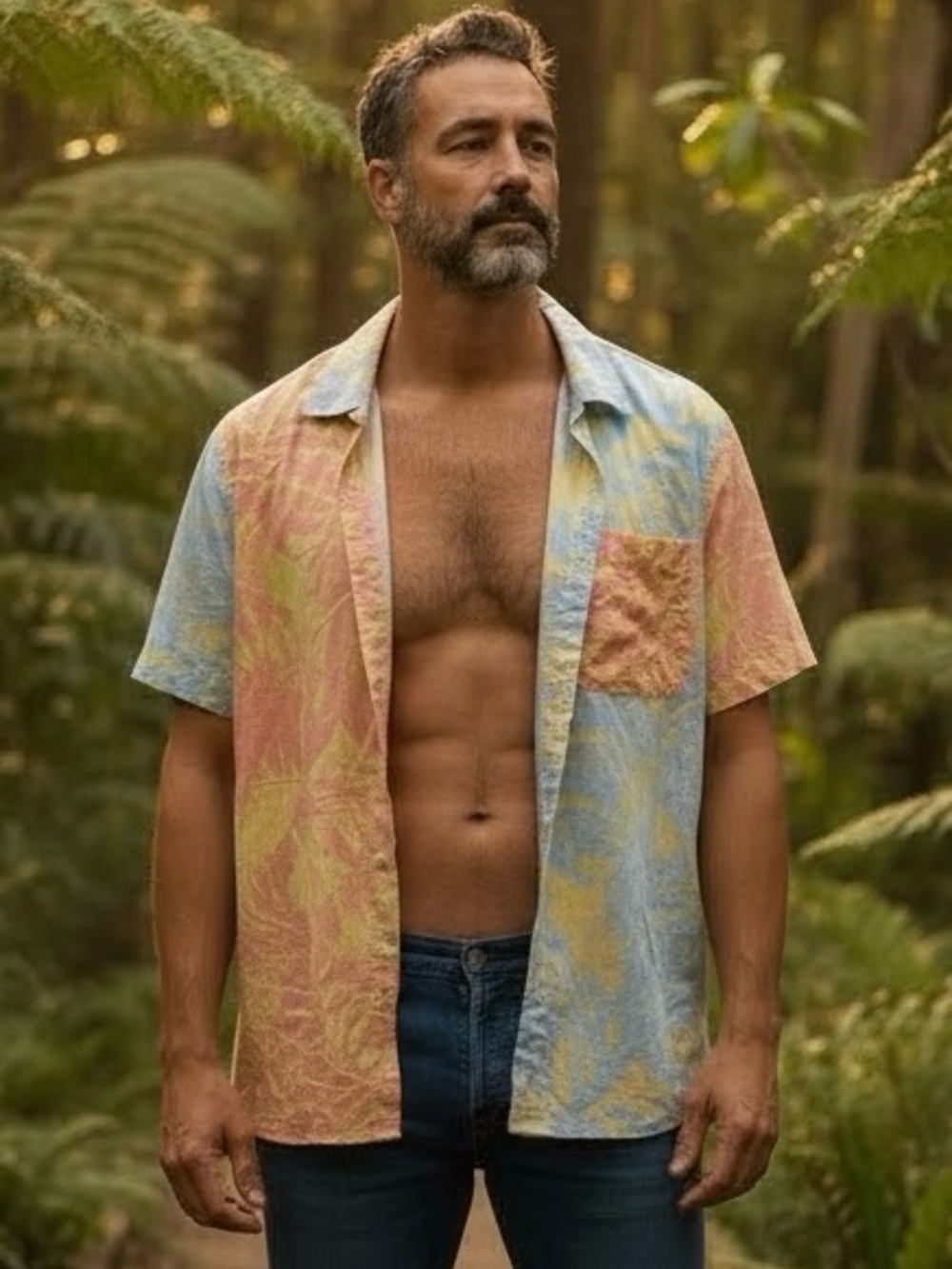 American Eagle Men's 2XL Short Slv Colorblock Tropical Shirt Pastel Coral & Sky